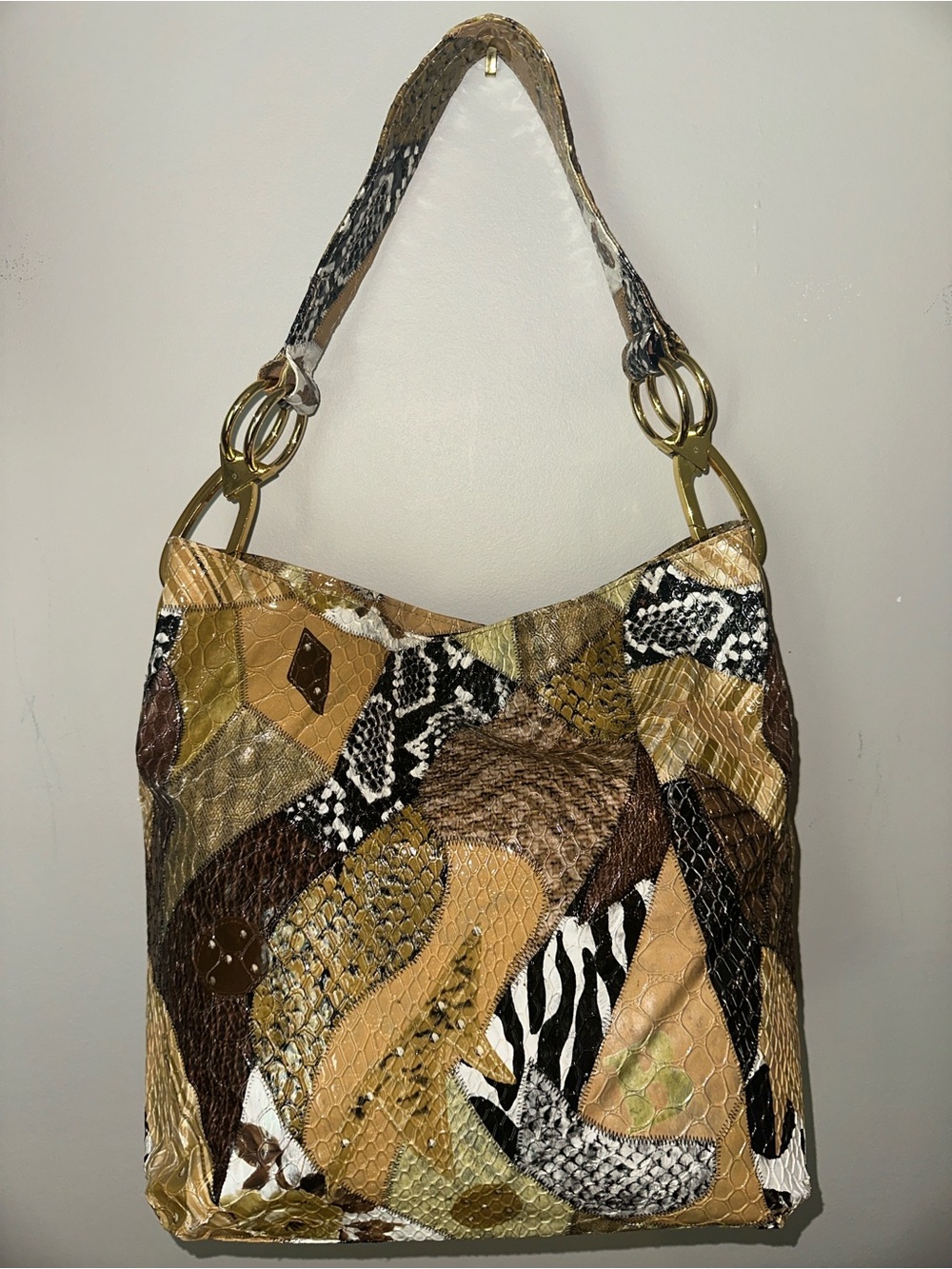 Vintage Braciano Patchwork Animal Print Hobo Shoulder Bag Purse